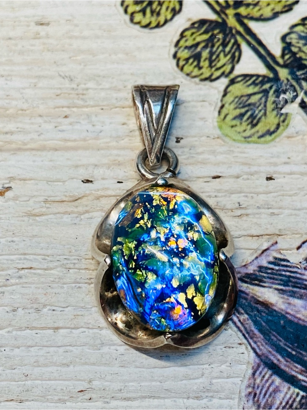 🍇 Vintage Dichroic Glass Pendant Silver 925